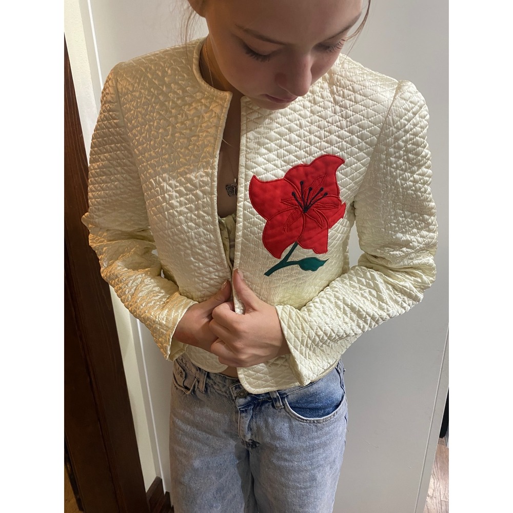 Vintage 60s 70s Quilted Satin Jacket Cream Ivory Red Floral Lily Applique Crop